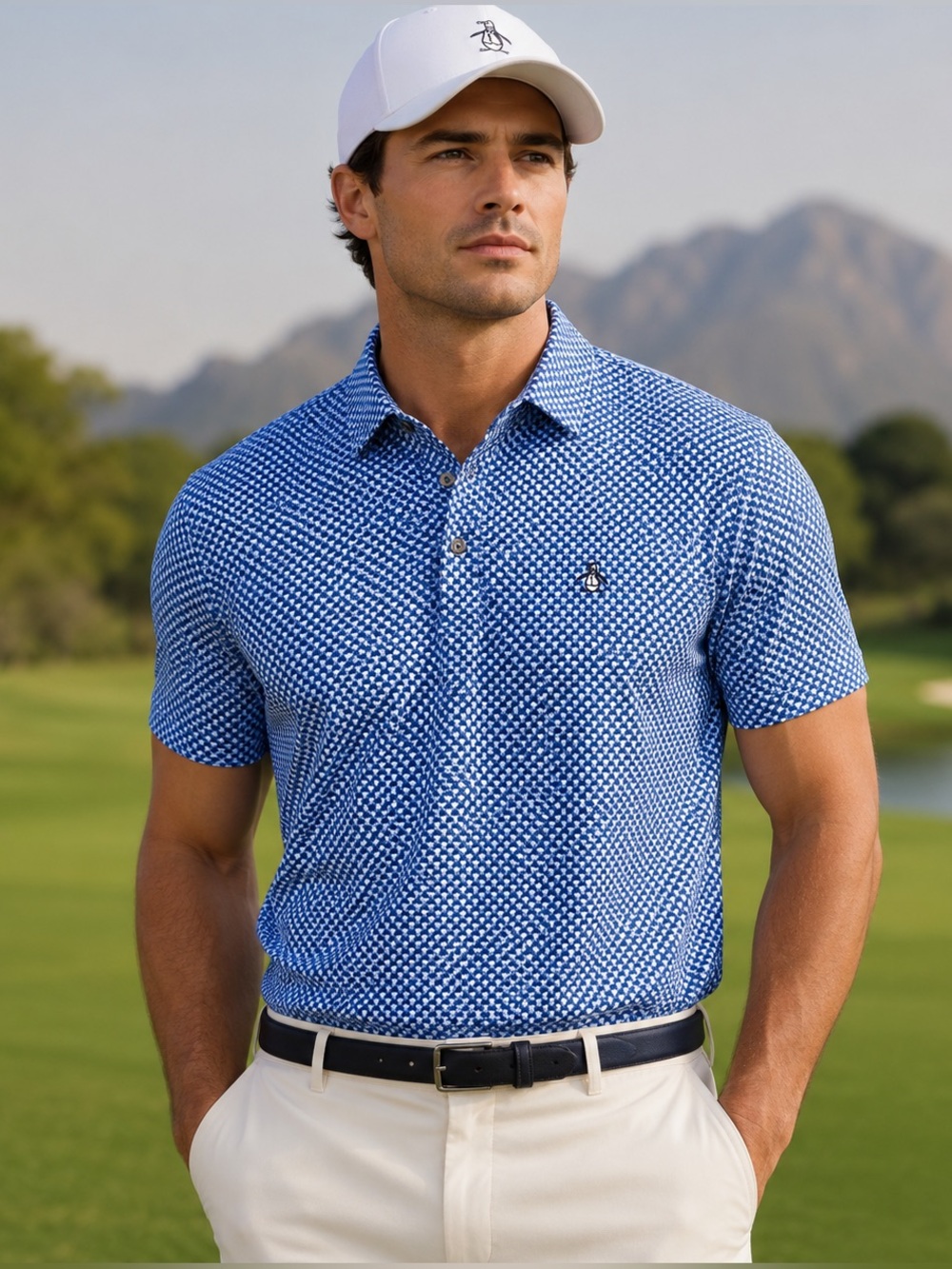Original Penguin NWT Golf Polo Shirt Blue Geometric Performance Stretch Large